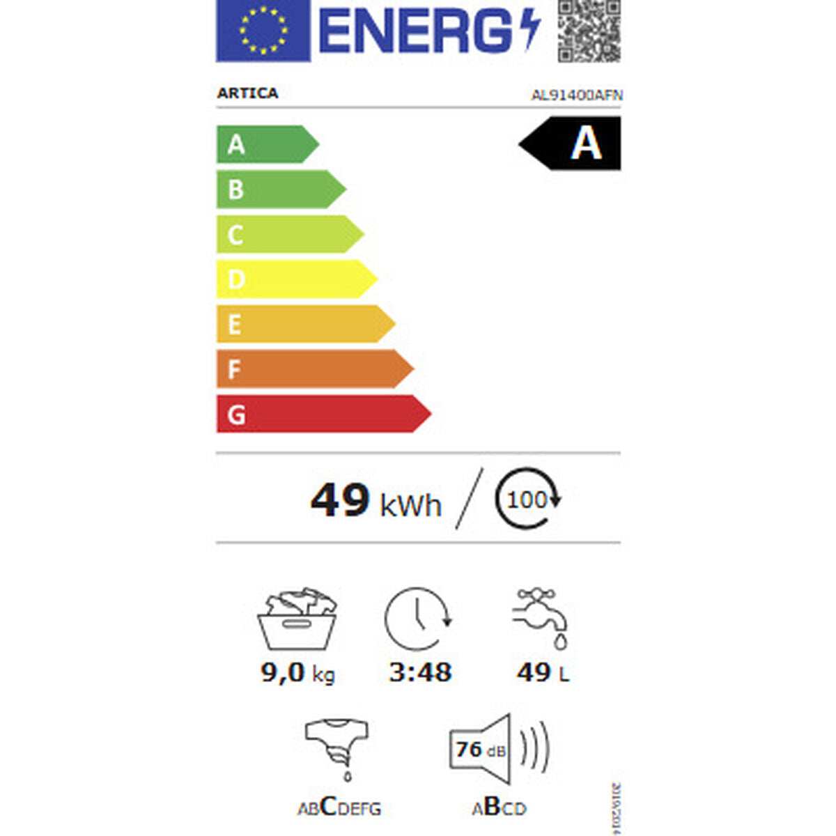 Lavadora Artica AL91400AFN - 9 kg 1400 rpm Clase A