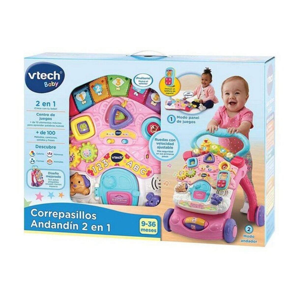 Andador VTech 3480-505657 Rosa - Juguete Plegable Musical para Bebés desde 9 Meses