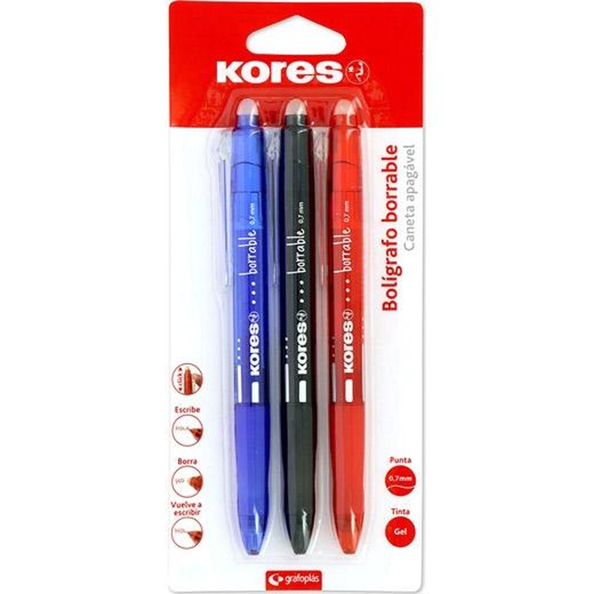 Bolígrafos Gel Kores Multicolor - Pack 12 con Punta 0,7 mm y Tinta Borrable