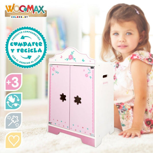 Armario WOOMAX de Madera para Muñecas - Diseño Francés Rosa y Blanco con Perchas