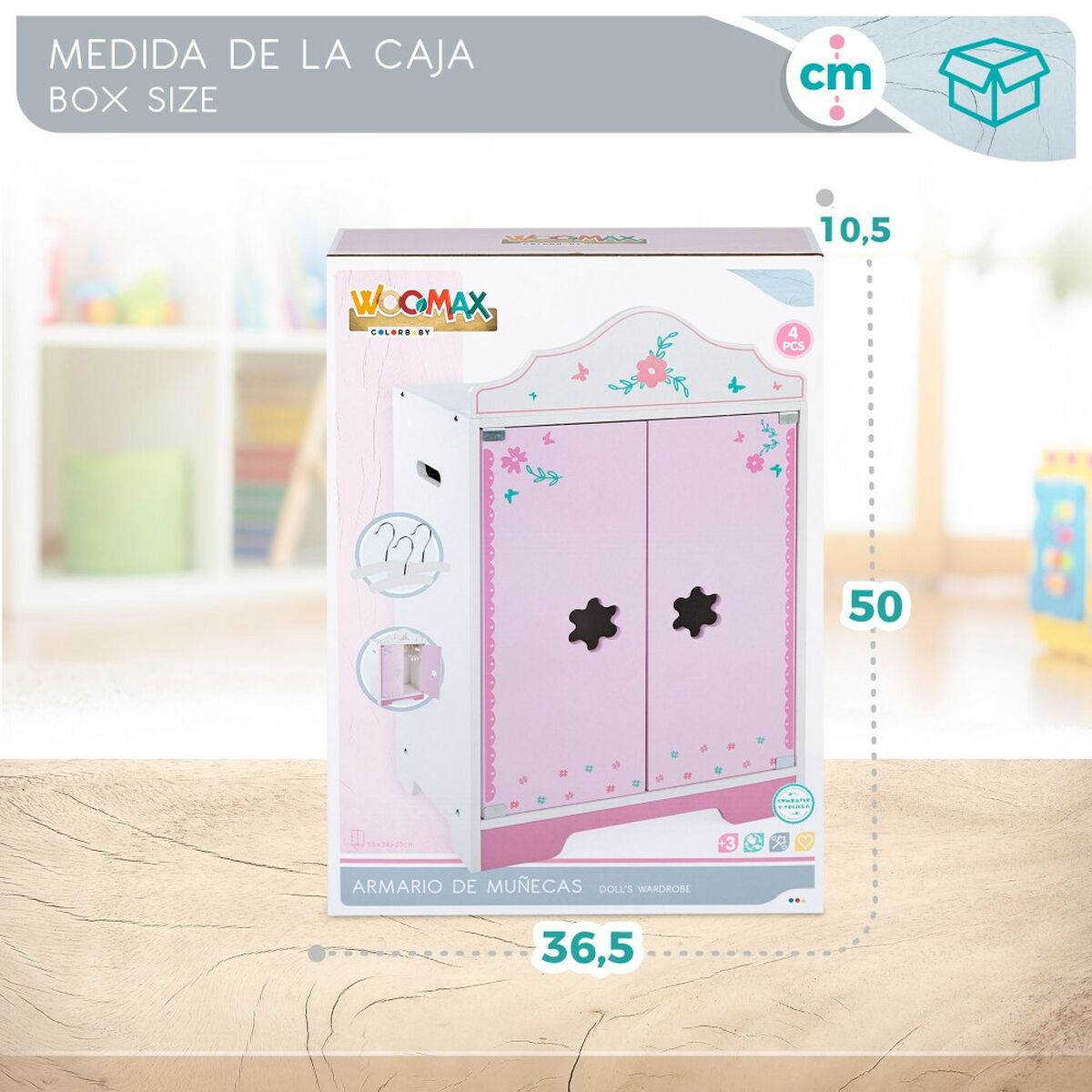 Armario WOOMAX de Madera para Muñecas - Diseño Francés Rosa y Blanco con Perchas
