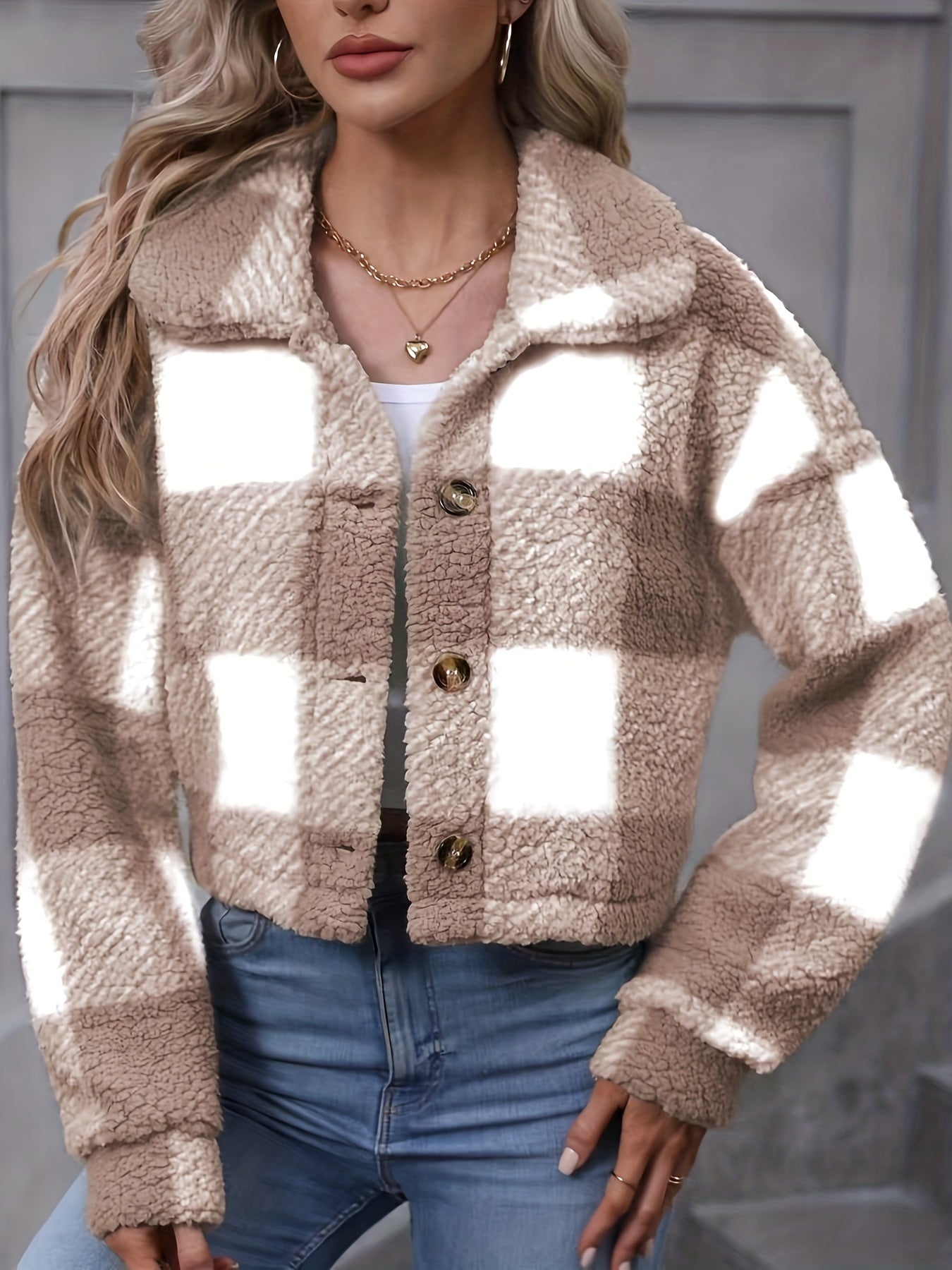 Abrigo Teddy Mujer Invierno - Chaqueta Casual de Cuadros con Botones