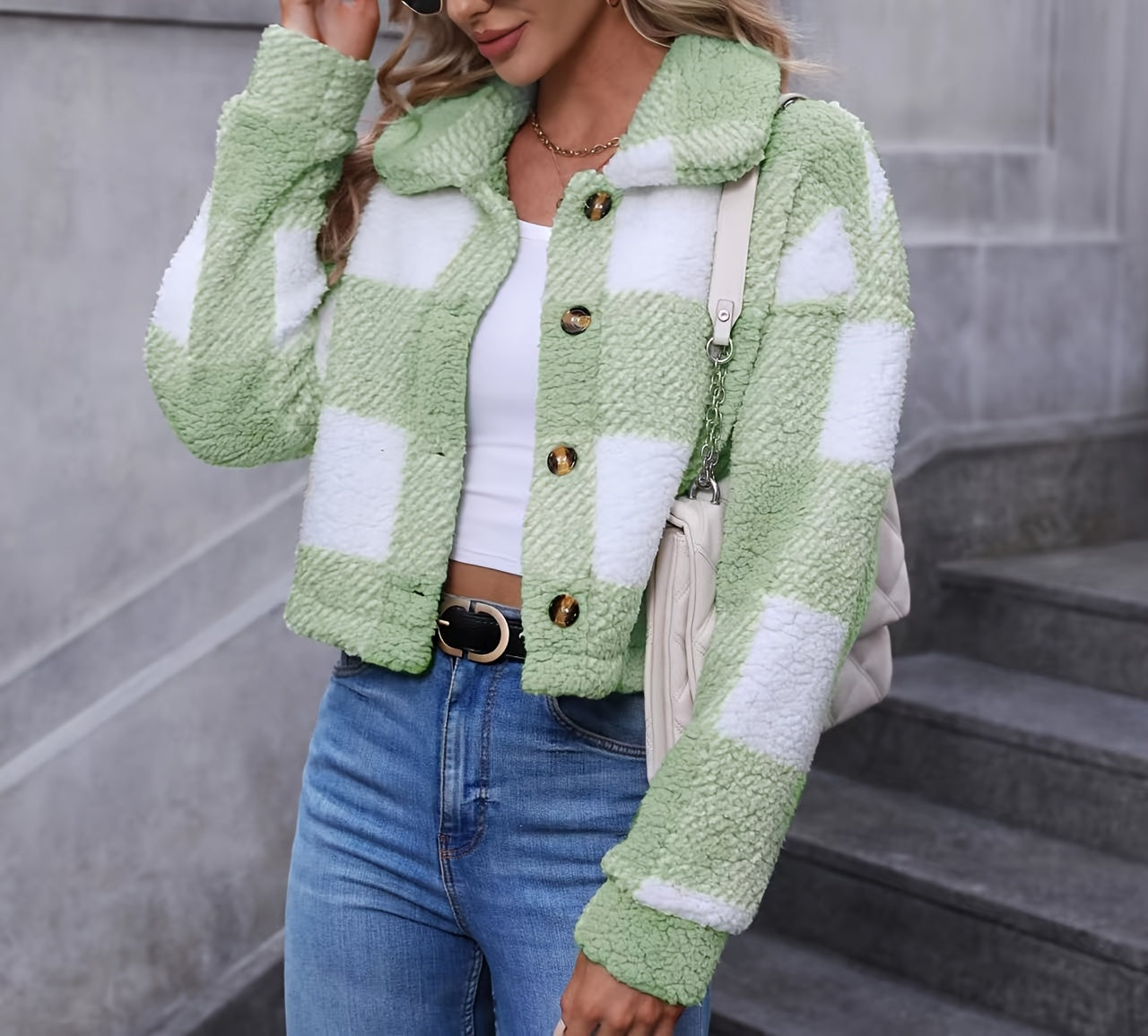 Abrigo Teddy Mujer Invierno - Chaqueta Casual de Cuadros con Botones