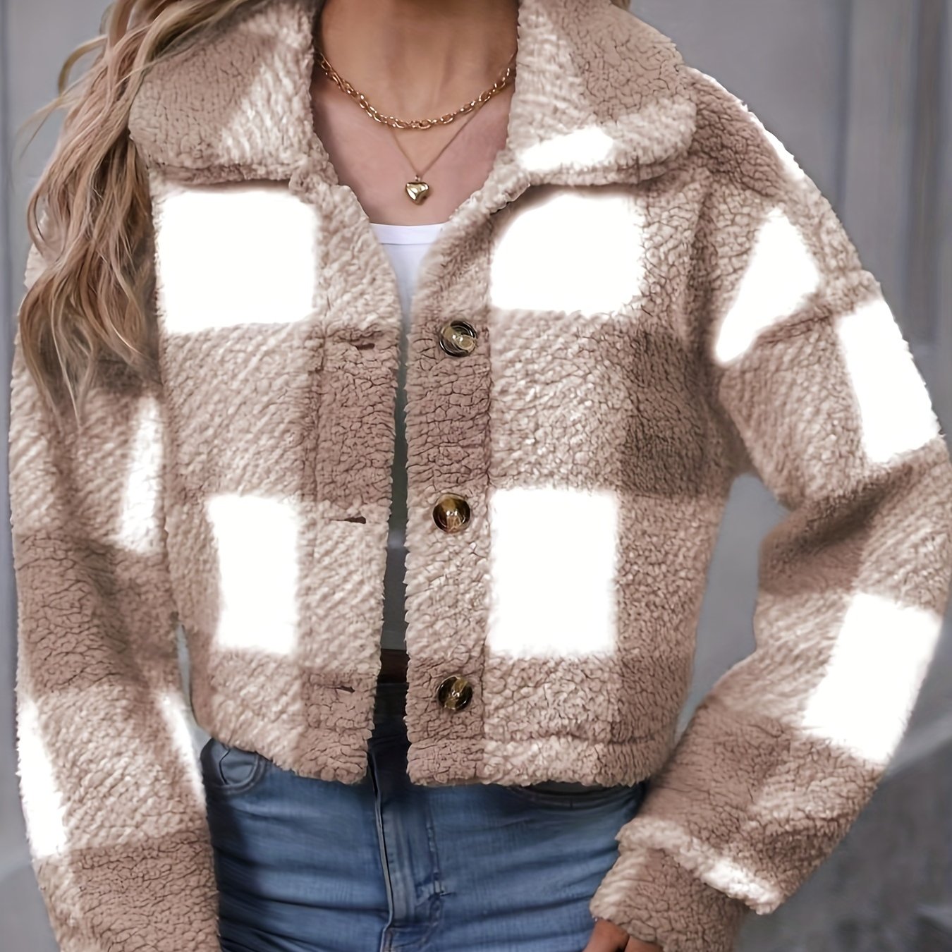 Abrigo Teddy Mujer Invierno - Chaqueta Casual de Cuadros con Botones