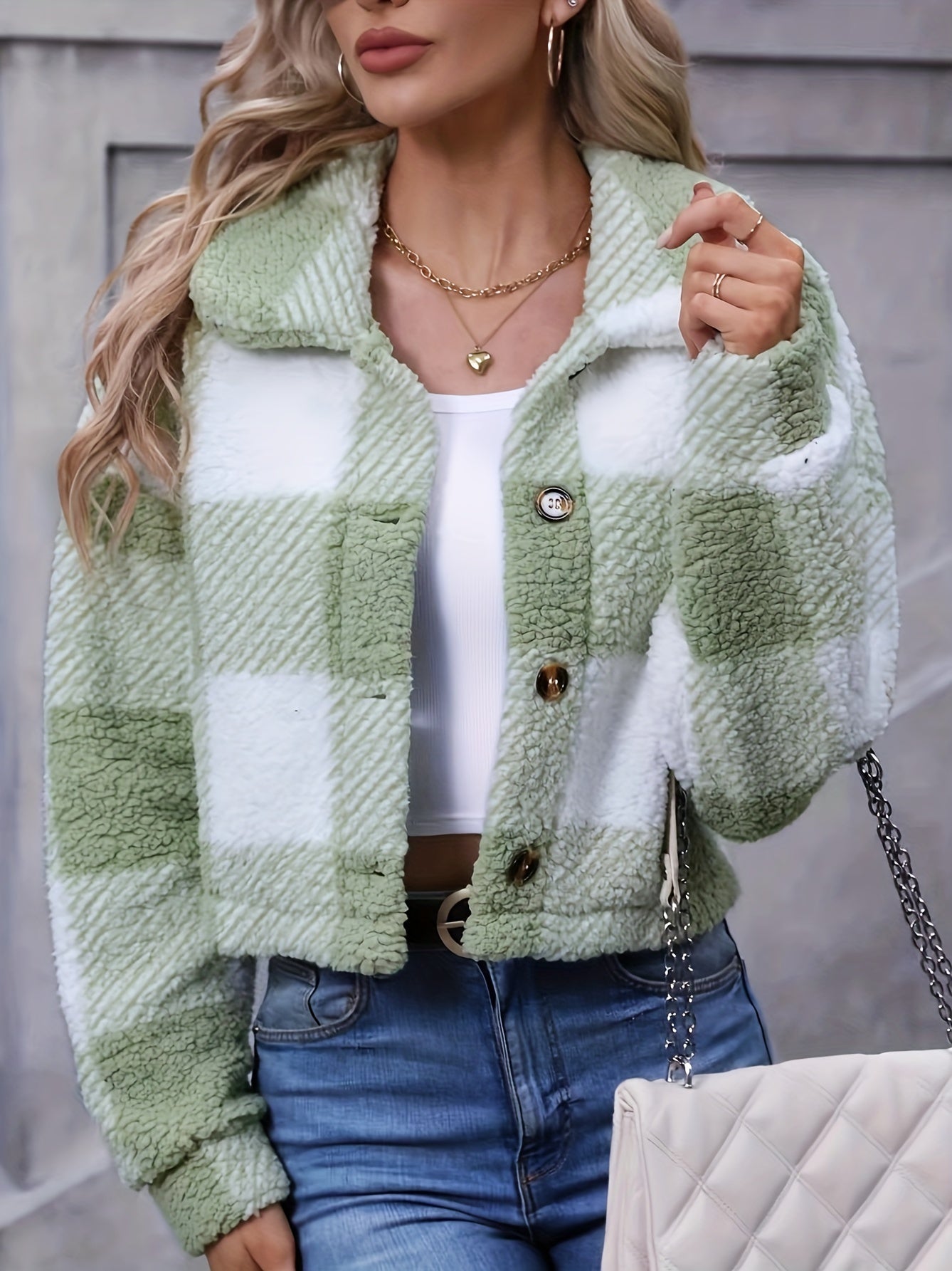 Abrigo Teddy Mujer Invierno - Chaqueta Casual de Cuadros con Botones