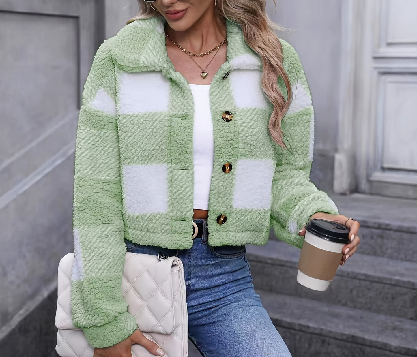 Abrigo Teddy Mujer Invierno - Chaqueta Casual de Cuadros con Botones