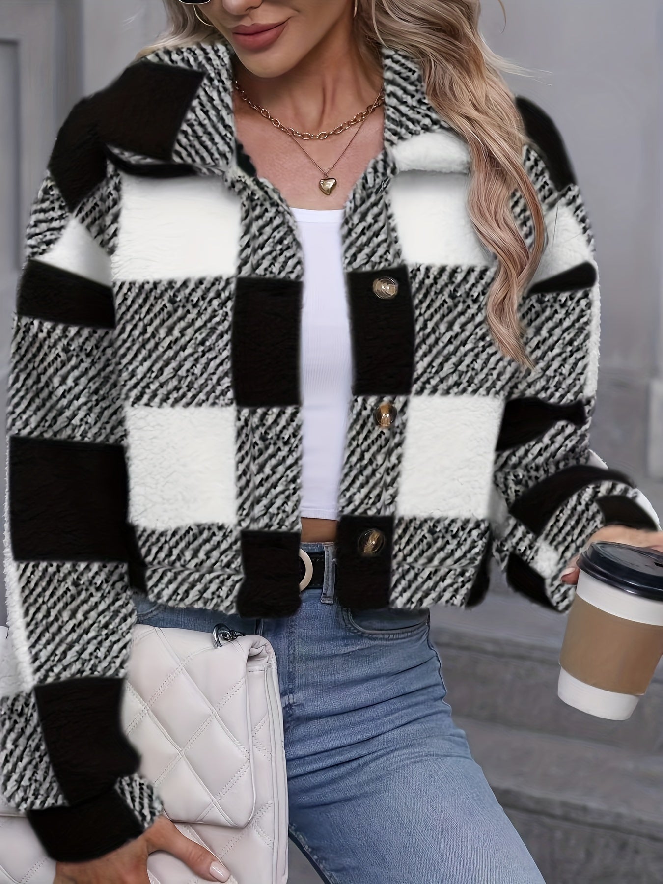 Abrigo Teddy Mujer Invierno - Chaqueta Casual de Cuadros con Botones