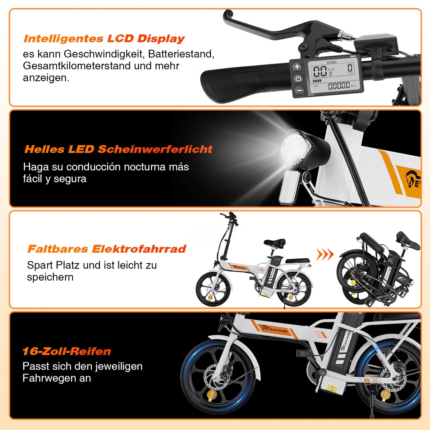 EVERCROSS TECH EK5 Bicicleta Eléctrica Plegable  Motor 250W y Autonomía 45 km