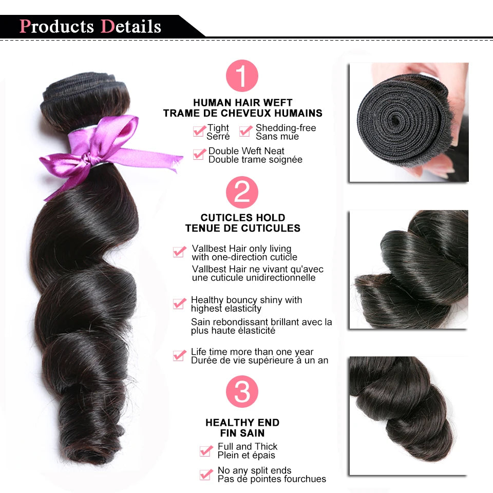 Extensiones de Cabello Humano Vallbest  Onda Suelta Brasileña con Cierre 4x4