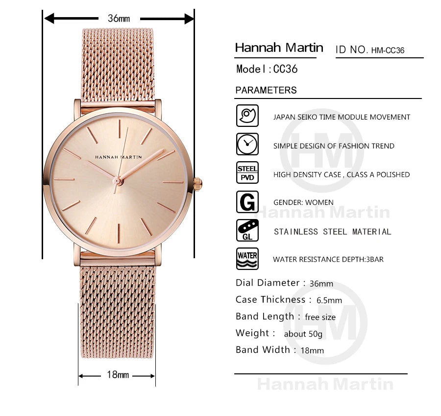 Reloj Mujer Hannah Martin HM-CC36 - 19 Colores Elegantes con Movimiento de Cuarzo