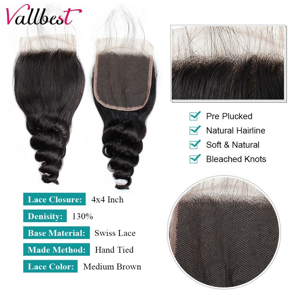 Extensiones de Cabello Humano Vallbest  Onda Suelta Brasileña con Cierre 4x4