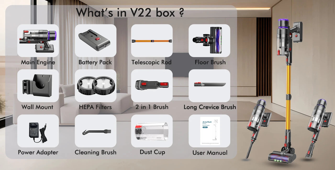 Aspiradora Portátil Armo V22 - 55kPa 600W Inalámbrica 6 en 1 con Pantalla LED