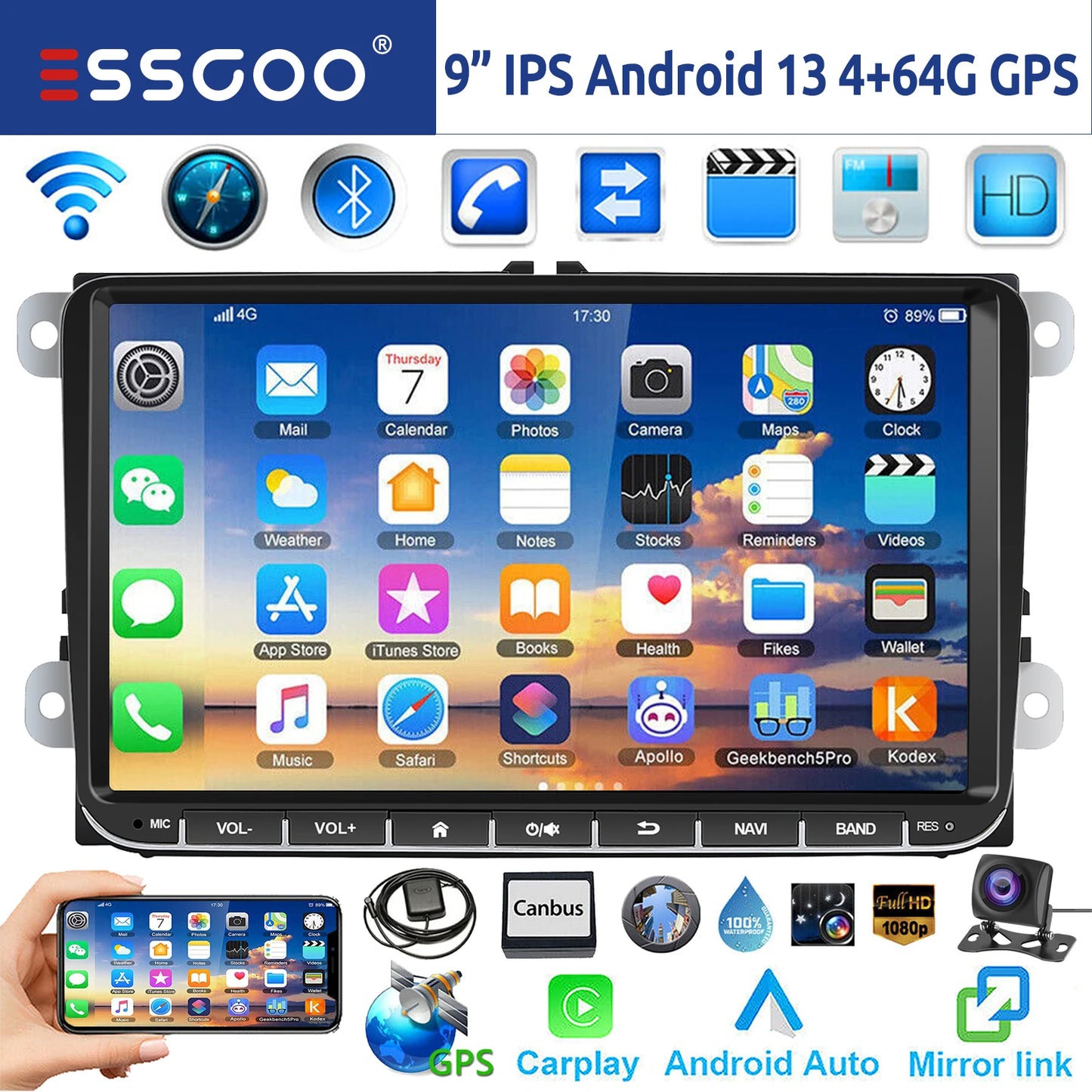 ESSGOO 9" Android 14 - Radio Carplay GPS WIFI para VW, Seat y Skoda