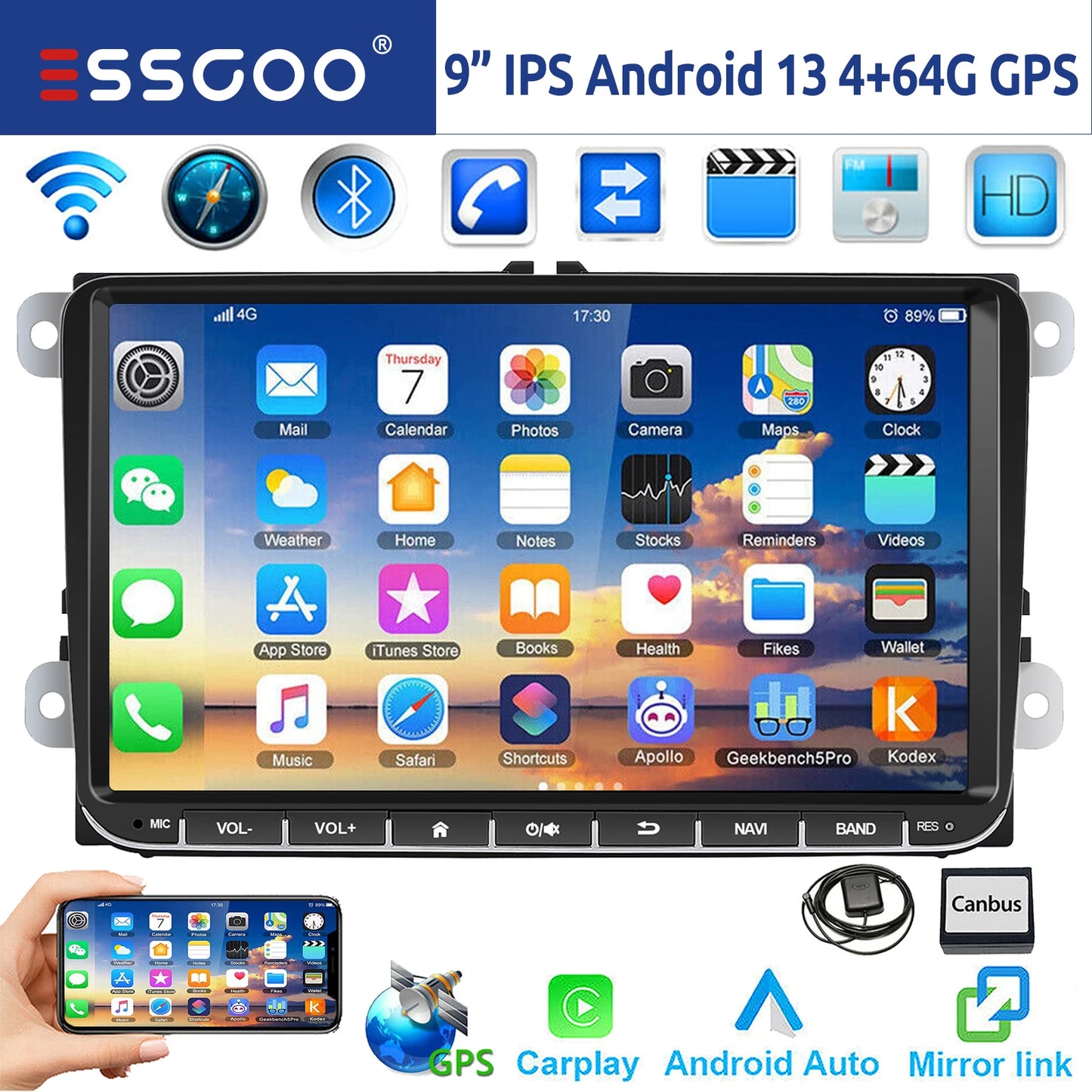 ESSGOO 9" Android 14 - Radio Carplay GPS WIFI para VW, Seat y Skoda