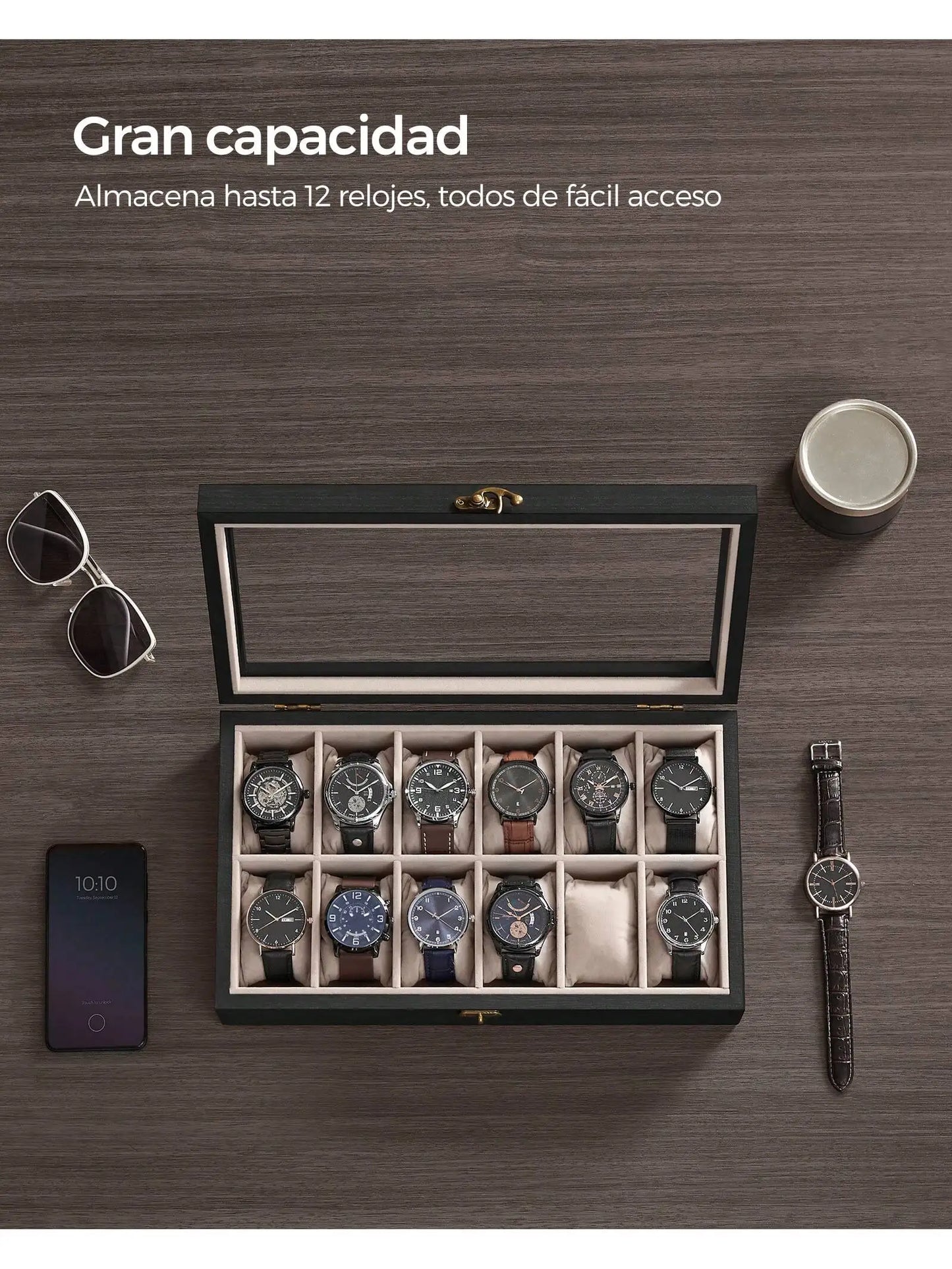 Caja de Relojes SONGMICS 12 Ranuras - Madera Maciza Negro Ébano con Tapa de Cristal