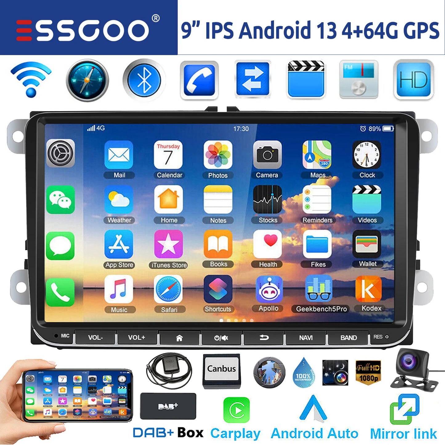 ESSGOO 9" Android 14 - Radio Carplay GPS WIFI para VW, Seat y Skoda
