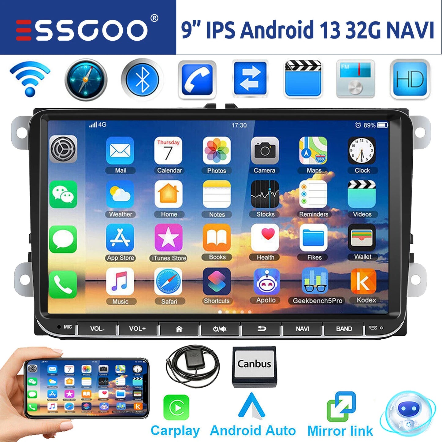 ESSGOO 9" Android 14 - Radio Carplay GPS WIFI para VW, Seat y Skoda