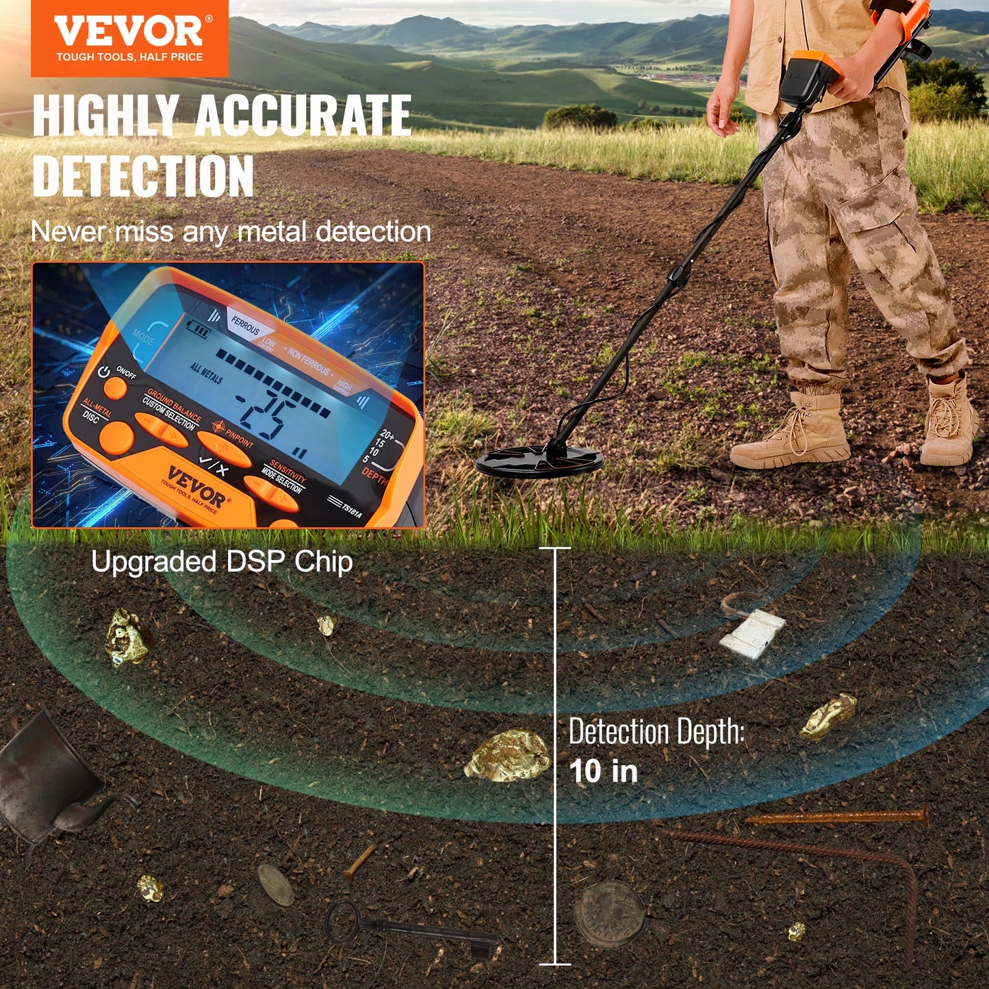 VEVOR Detector Metales Profesional  Pantalla LCD y Bobina IP68