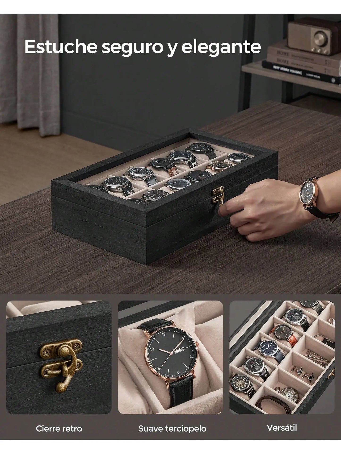 Caja de Relojes SONGMICS 12 Ranuras - Madera Maciza Negro Ébano con Tapa de Cristal