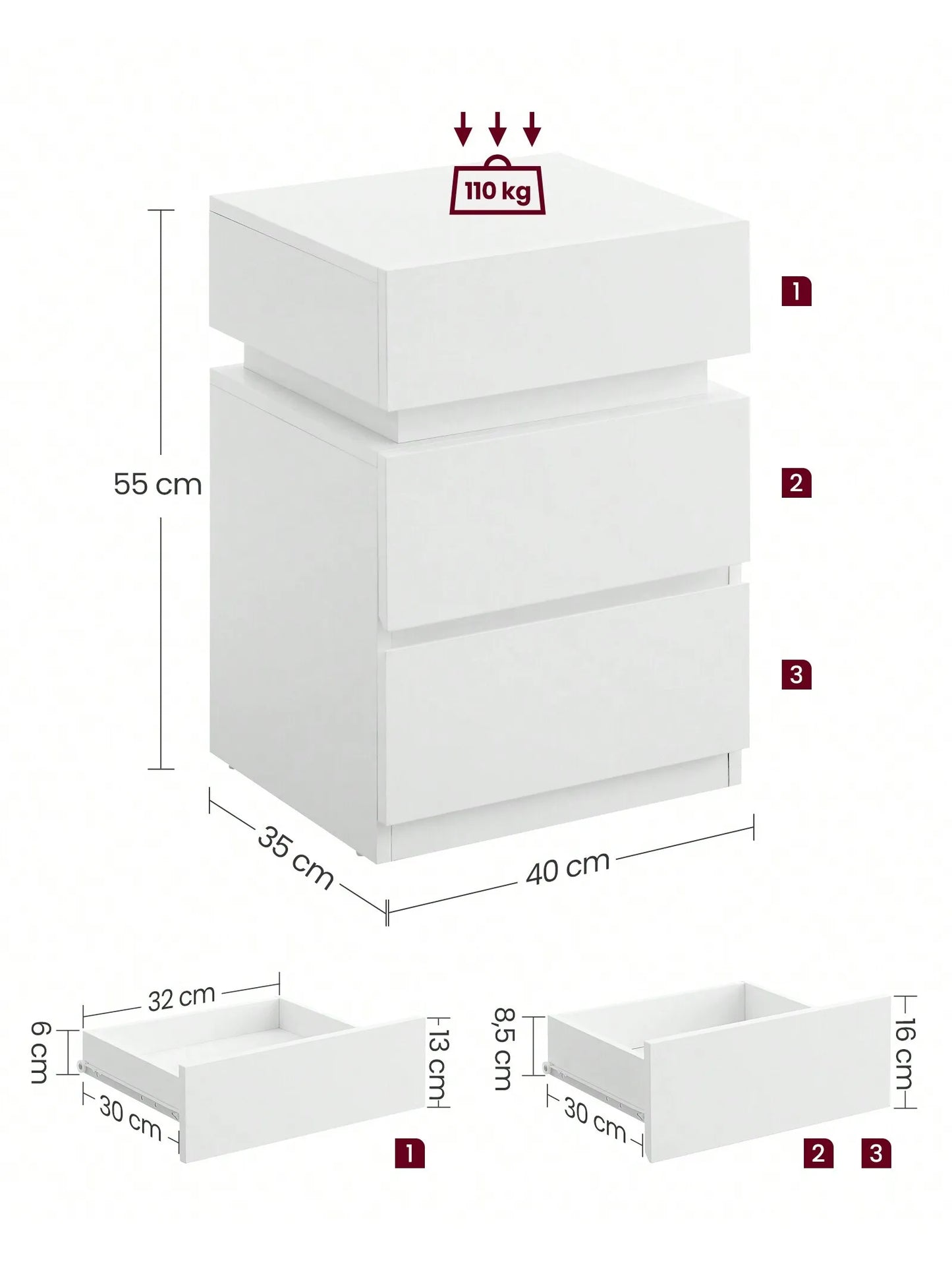 VASAGLE Mesita de Noche LED  3 Cajones Modernos con Luz Multicolor