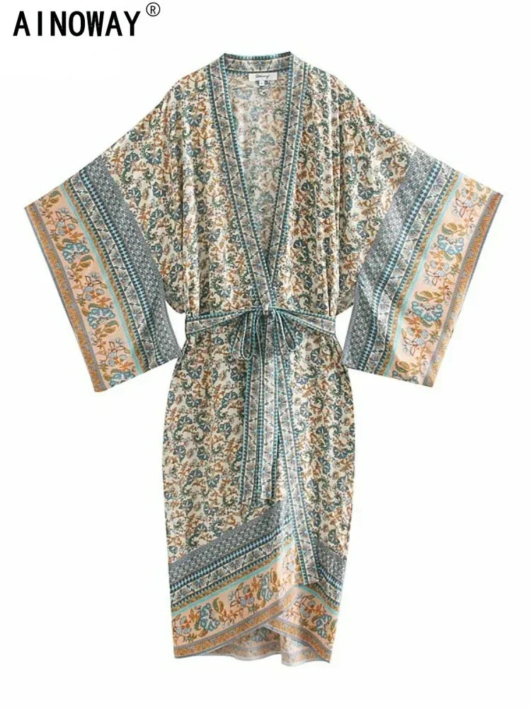 Vestido Kimono Boho Mujer - Estilo Vintage Chic Floral Verano