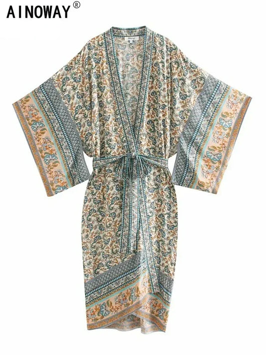Vestido Kimono Boho Mujer - Estilo Vintage Chic Floral Verano