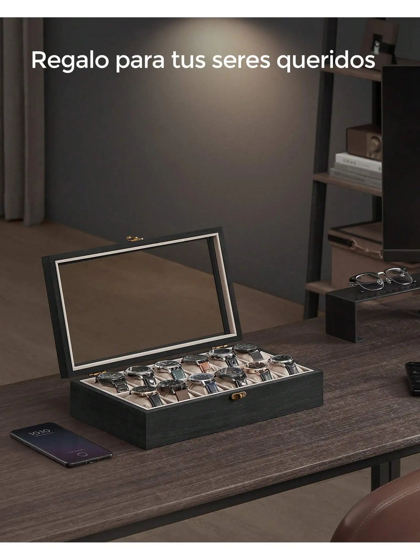 Caja de Relojes SONGMICS 12 Ranuras - Madera Maciza Negro Ébano con Tapa de Cristal