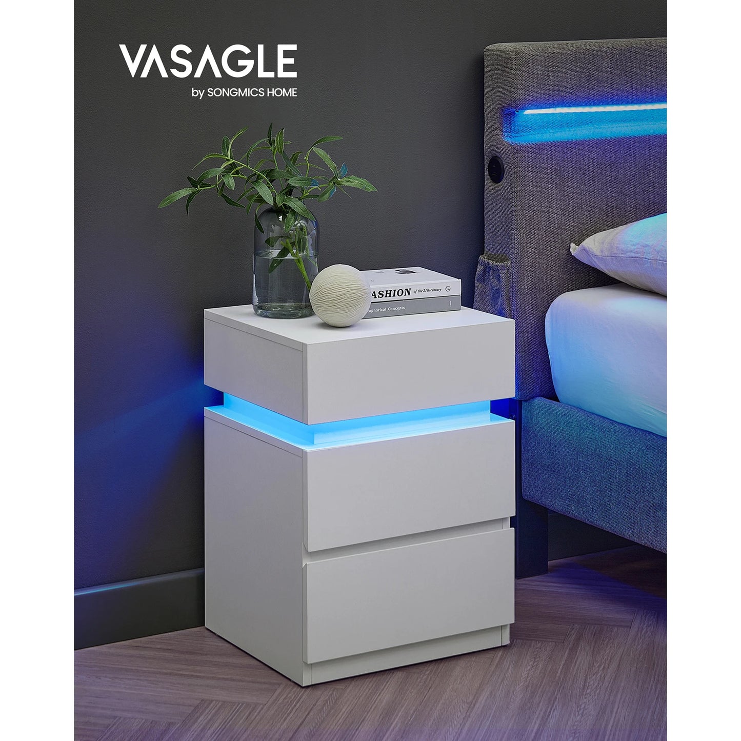 VASAGLE Mesita de Noche LED  3 Cajones Modernos con Luz Multicolor