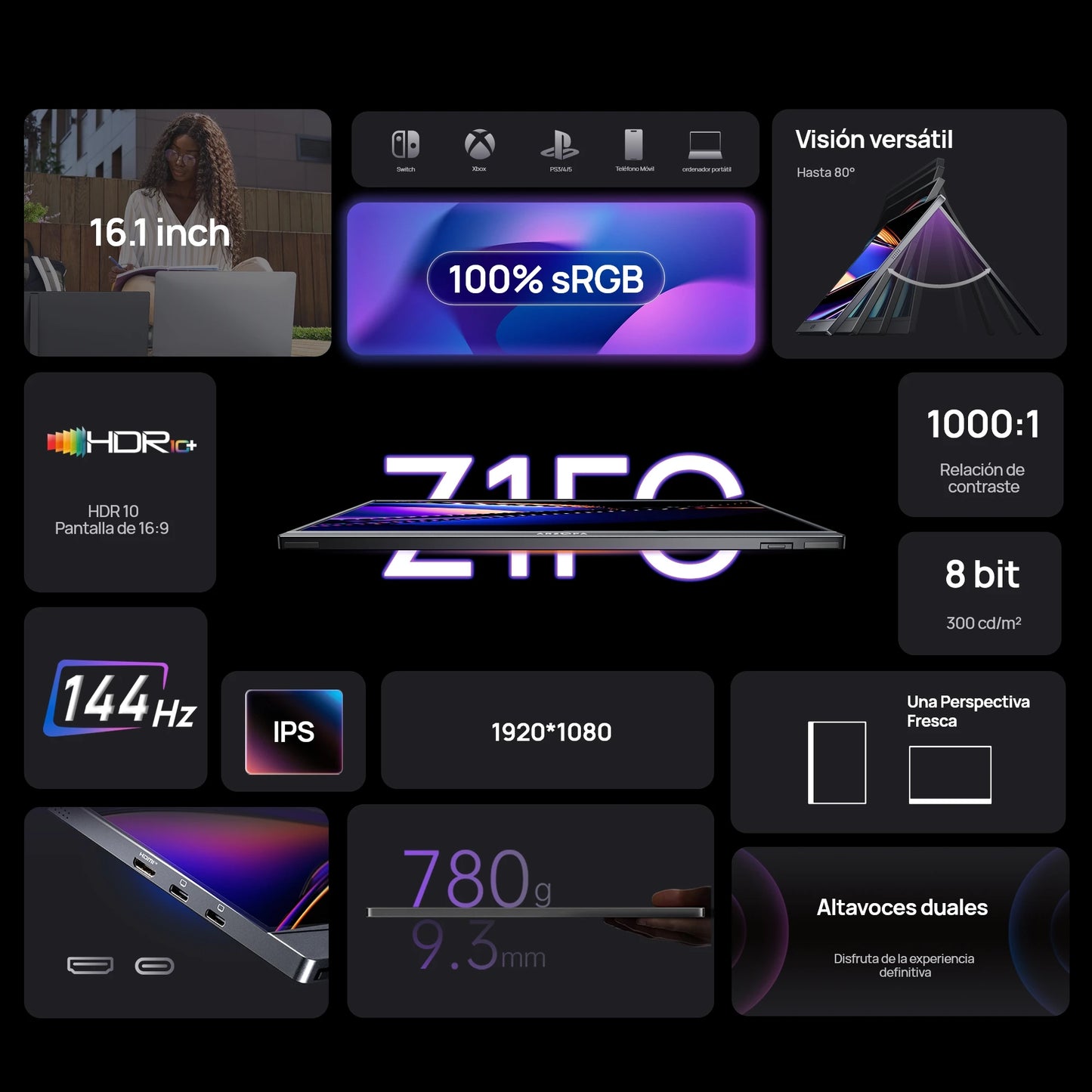 Arzopa Z1FC Monitor Portátil 16.1’’  FHD 1080P 144Hz con sRGB 100%