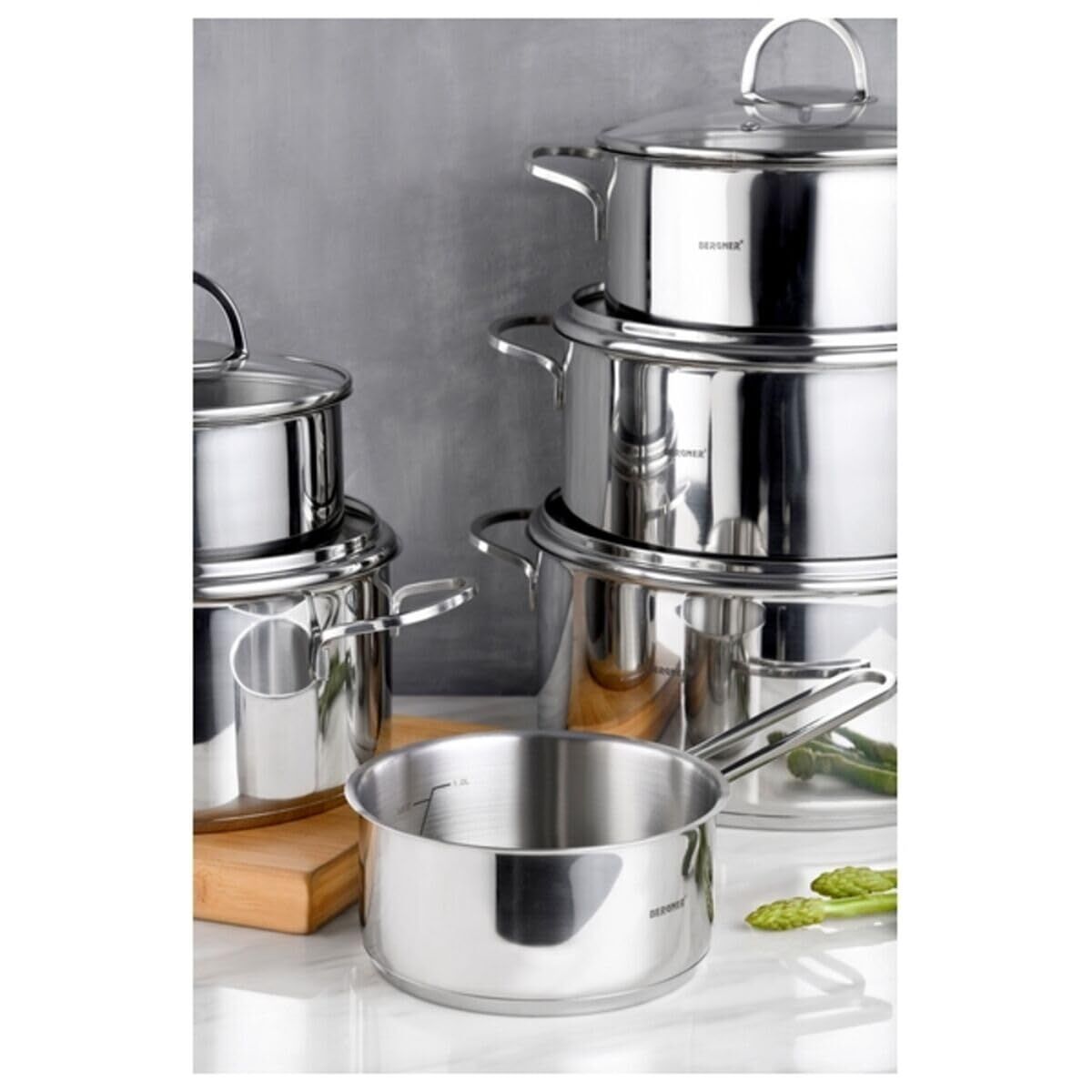 Batería de Cocina Bergner Classic 6 Piezas - Acero Inoxidable con Tapas de Vidrio