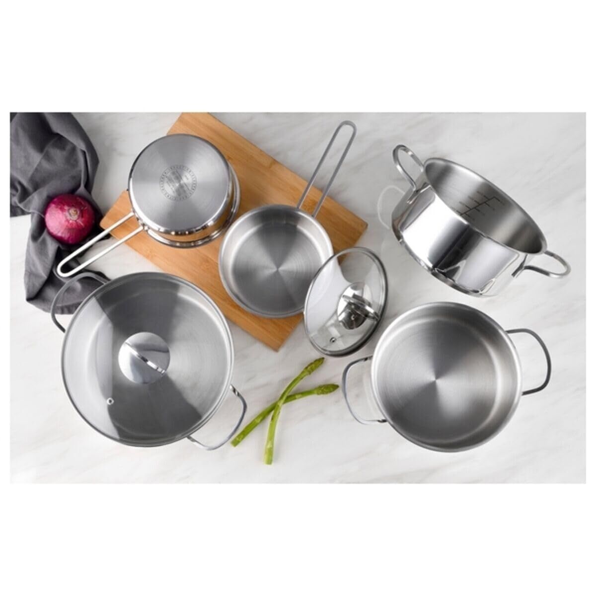 Batería de Cocina Bergner Classic 6 Piezas - Acero Inoxidable con Tapas de Vidrio