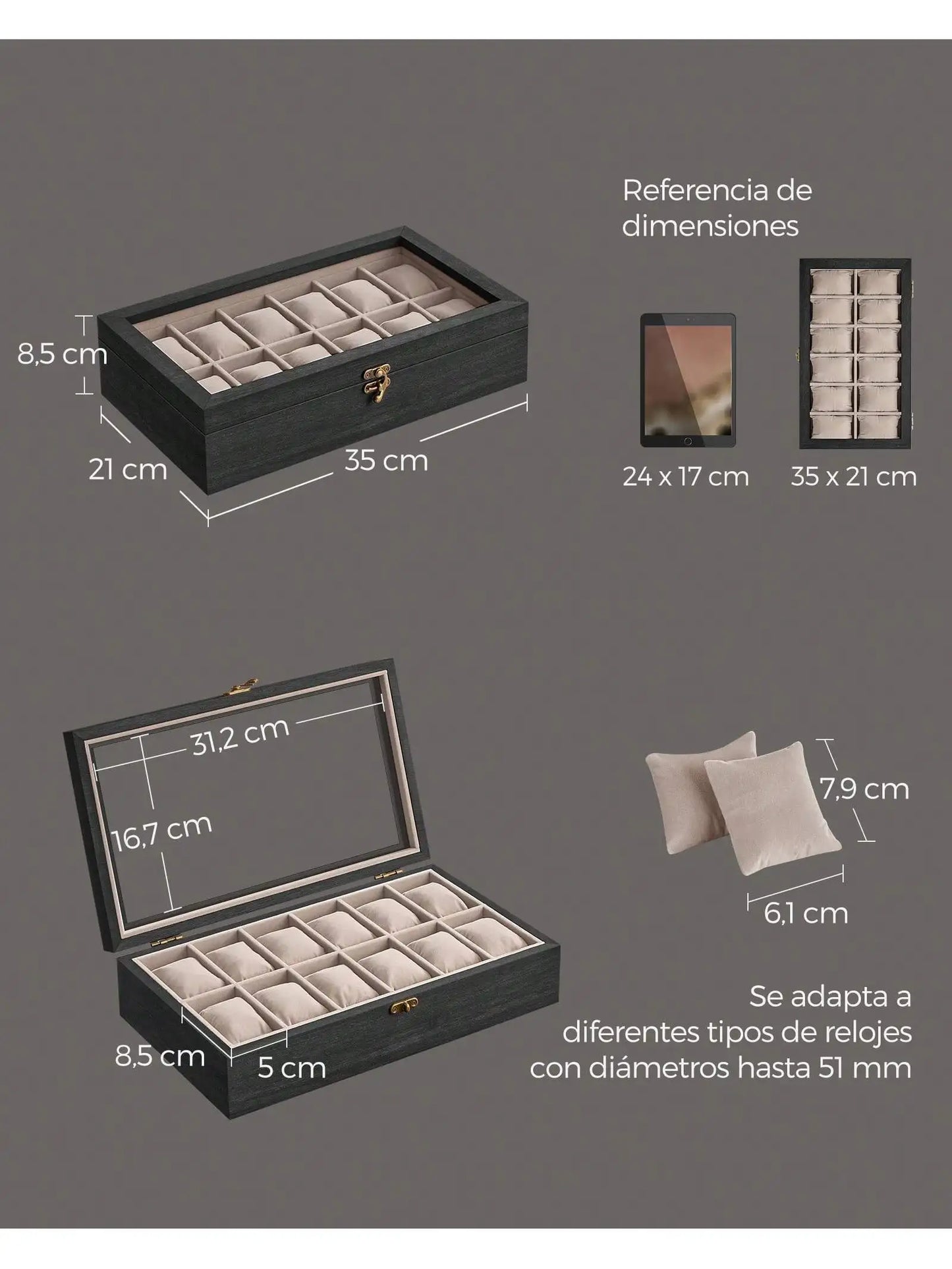 Caja de Relojes SONGMICS 12 Ranuras - Madera Maciza Negro Ébano con Tapa de Cristal