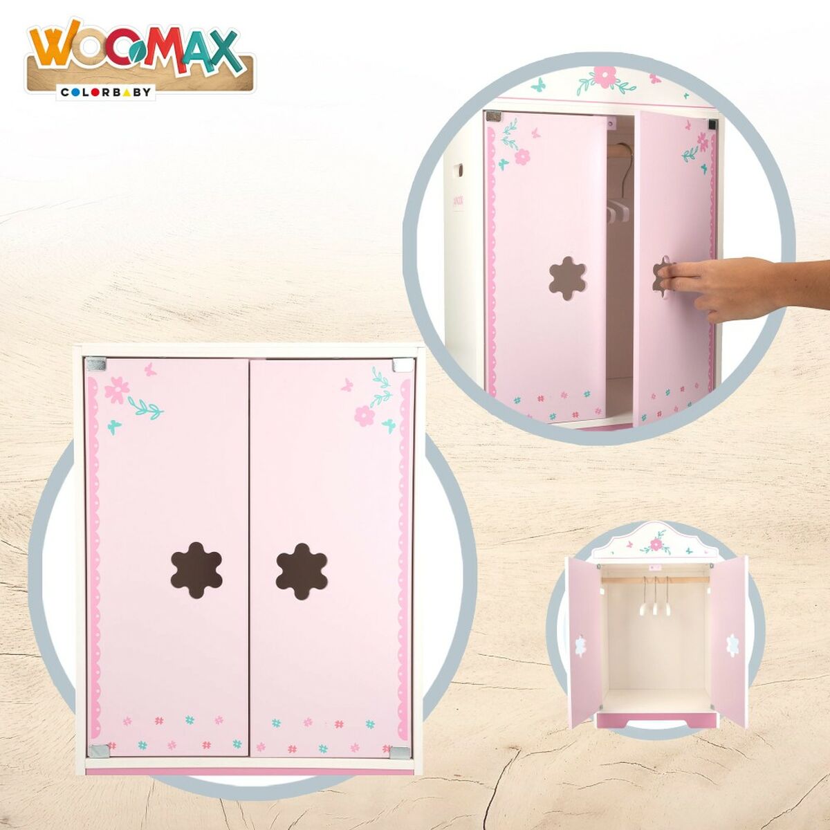 Armario WOOMAX de Madera para Muñecas - Diseño Francés Rosa y Blanco con Perchas