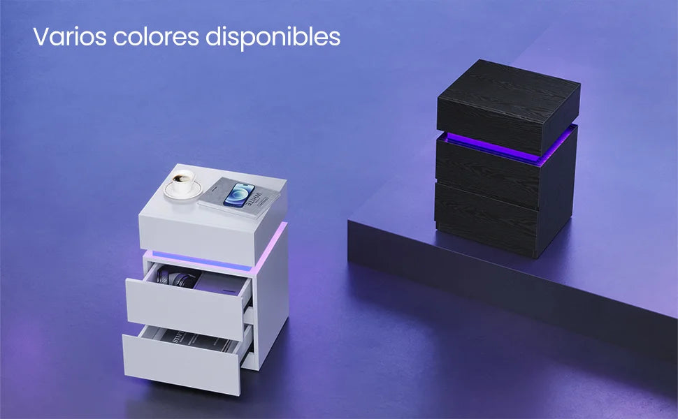 VASAGLE Mesita de Noche LED  3 Cajones Modernos con Luz Multicolor