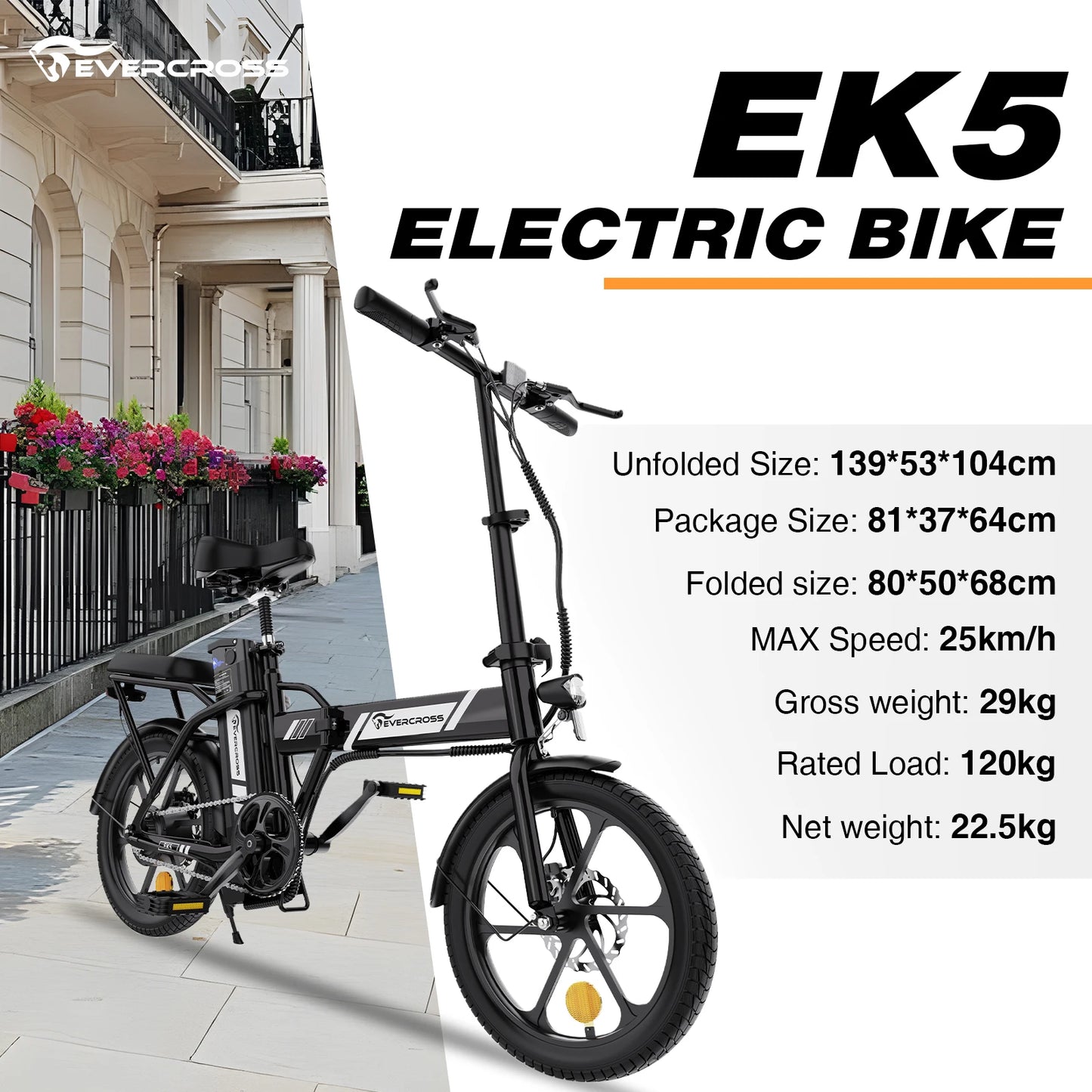 EVERCROSS TECH EK5 Bicicleta Eléctrica Plegable  Motor 250W y Autonomía 45 km