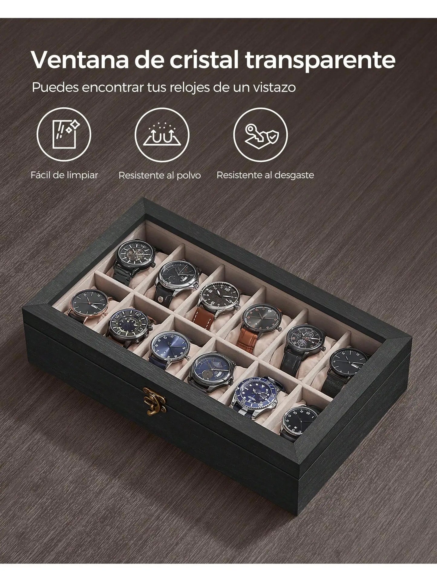 Caja de Relojes SONGMICS 12 Ranuras - Madera Maciza Negro Ébano con Tapa de Cristal