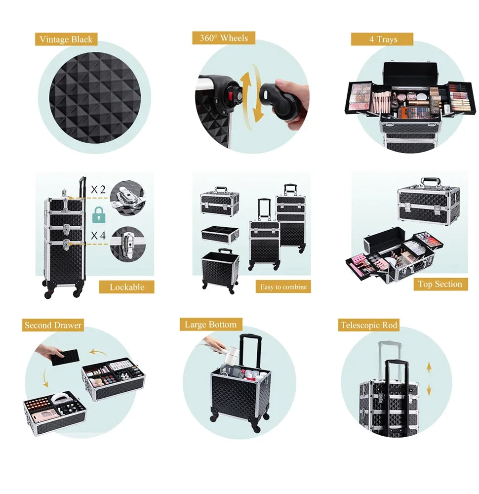 Estuche de Maquillaje Rodante 3 en 1  Gran Capacidad con Ruedas y Cerradura