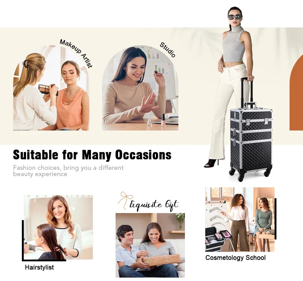Estuche de Maquillaje Rodante 3 en 1  Gran Capacidad con Ruedas y Cerradura