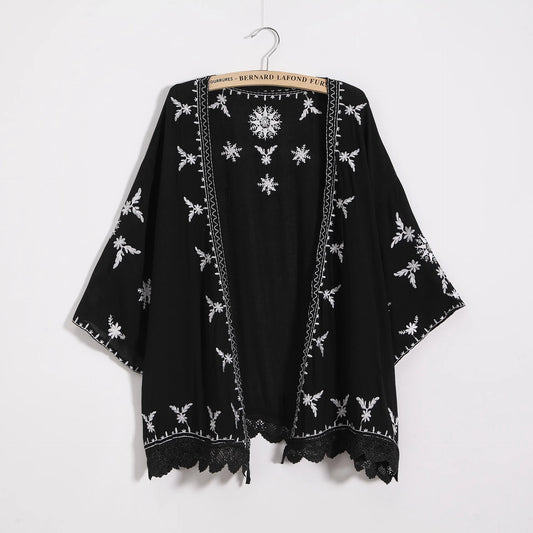 Cárdigan Kimono Bordado Mujer - Blusa Holgada Bohemia con Encaje y Protección Solar