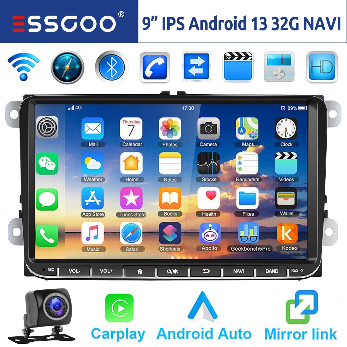 ESSGOO 9" Android 14 - Radio Carplay GPS WIFI para VW, Seat y Skoda