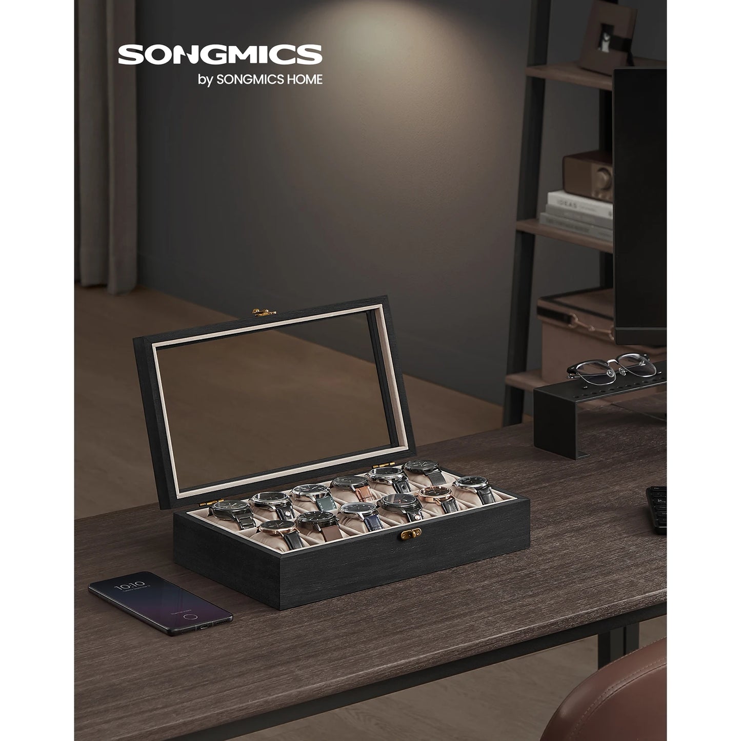 Caja de Relojes SONGMICS 12 Ranuras - Madera Maciza Negro Ébano con Tapa de Cristal