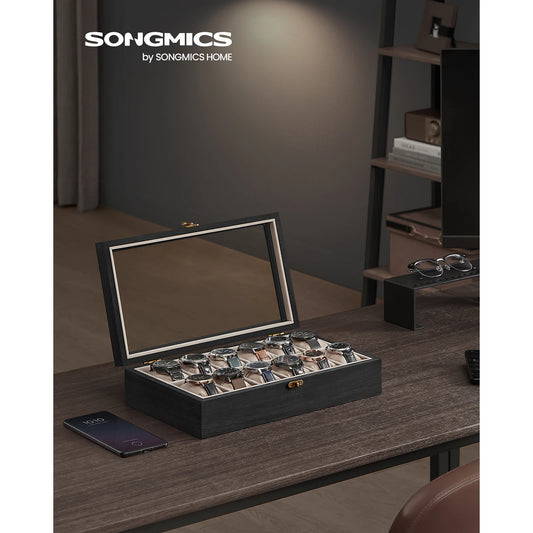 Caja de Relojes SONGMICS 12 Ranuras - Madera Maciza Negro Ébano con Tapa de Cristal