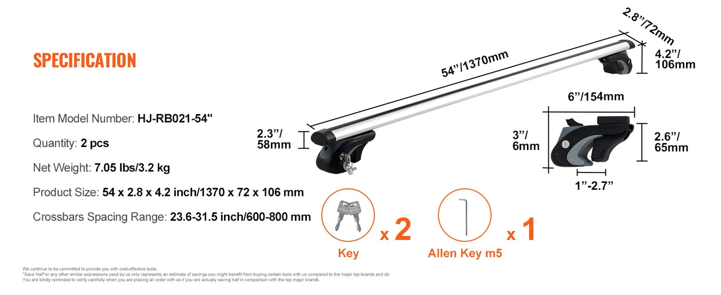 Portaequipajes SucceBuy  Barras Transversales de Aluminio Ajustables 200 lbs Plata