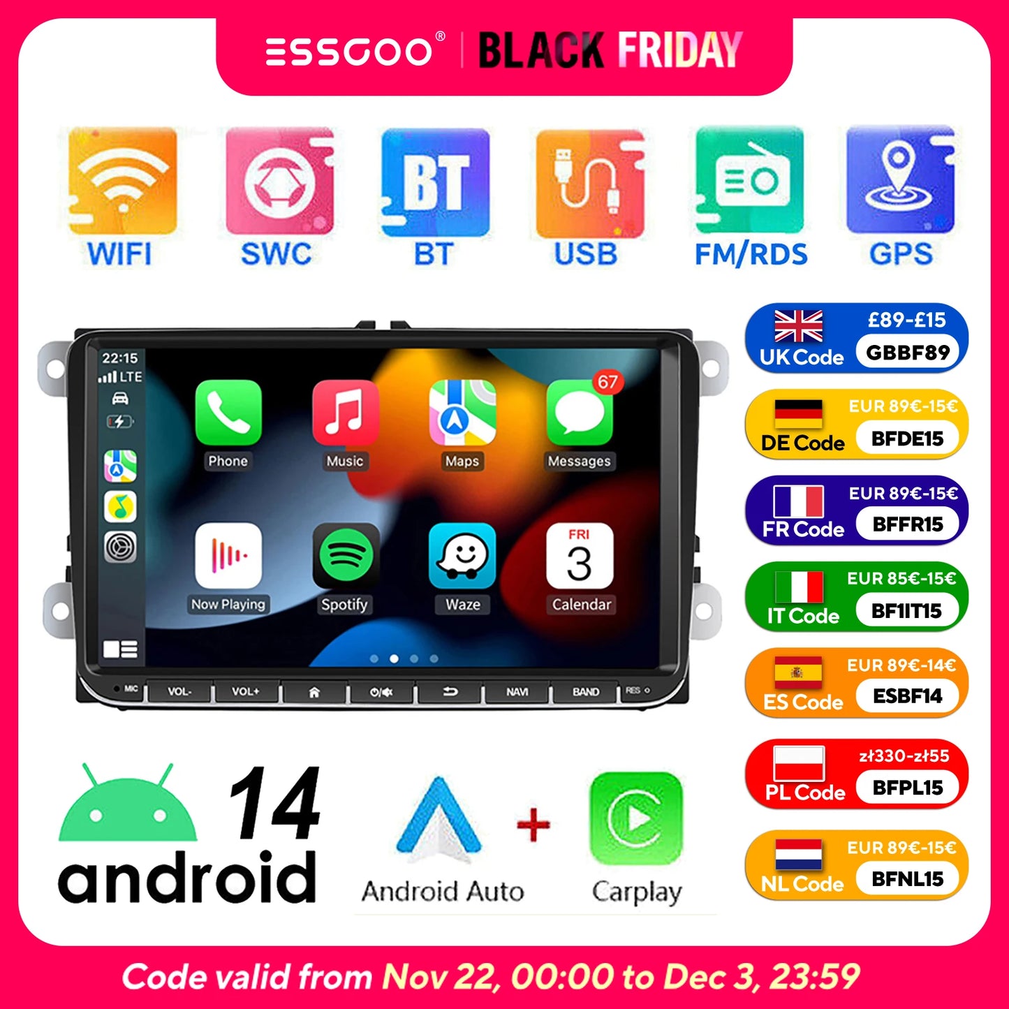 ESSGOO 9" Android 14 - Radio Carplay GPS WIFI para VW, Seat y Skoda