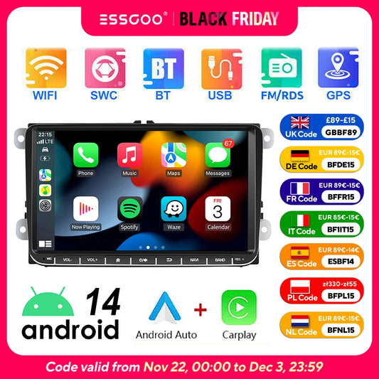 ESSGOO 9" Android 14 - Radio Carplay GPS WIFI para VW, Seat y Skoda