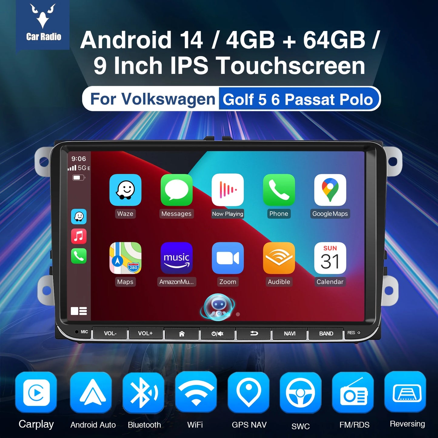 ESSGOO 9" Android 14 - Radio Carplay GPS WIFI para VW, Seat y Skoda