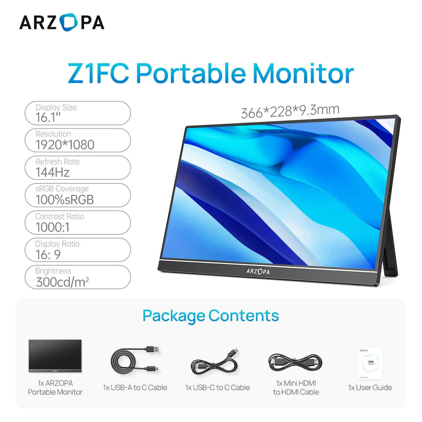 Arzopa Z1FC Monitor Portátil 16.1’’  FHD 1080P 144Hz con sRGB 100%