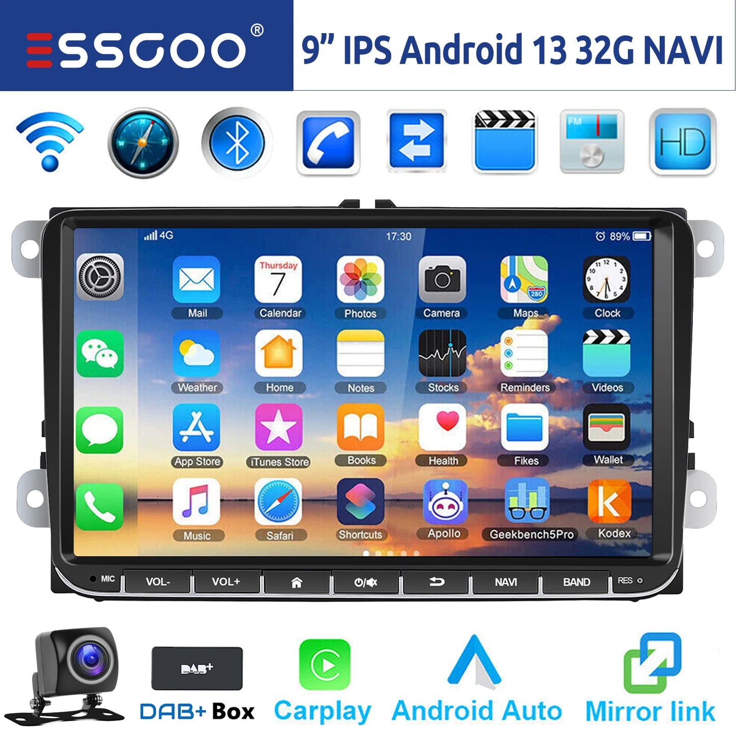 ESSGOO 9" Android 14 - Radio Carplay GPS WIFI para VW, Seat y Skoda