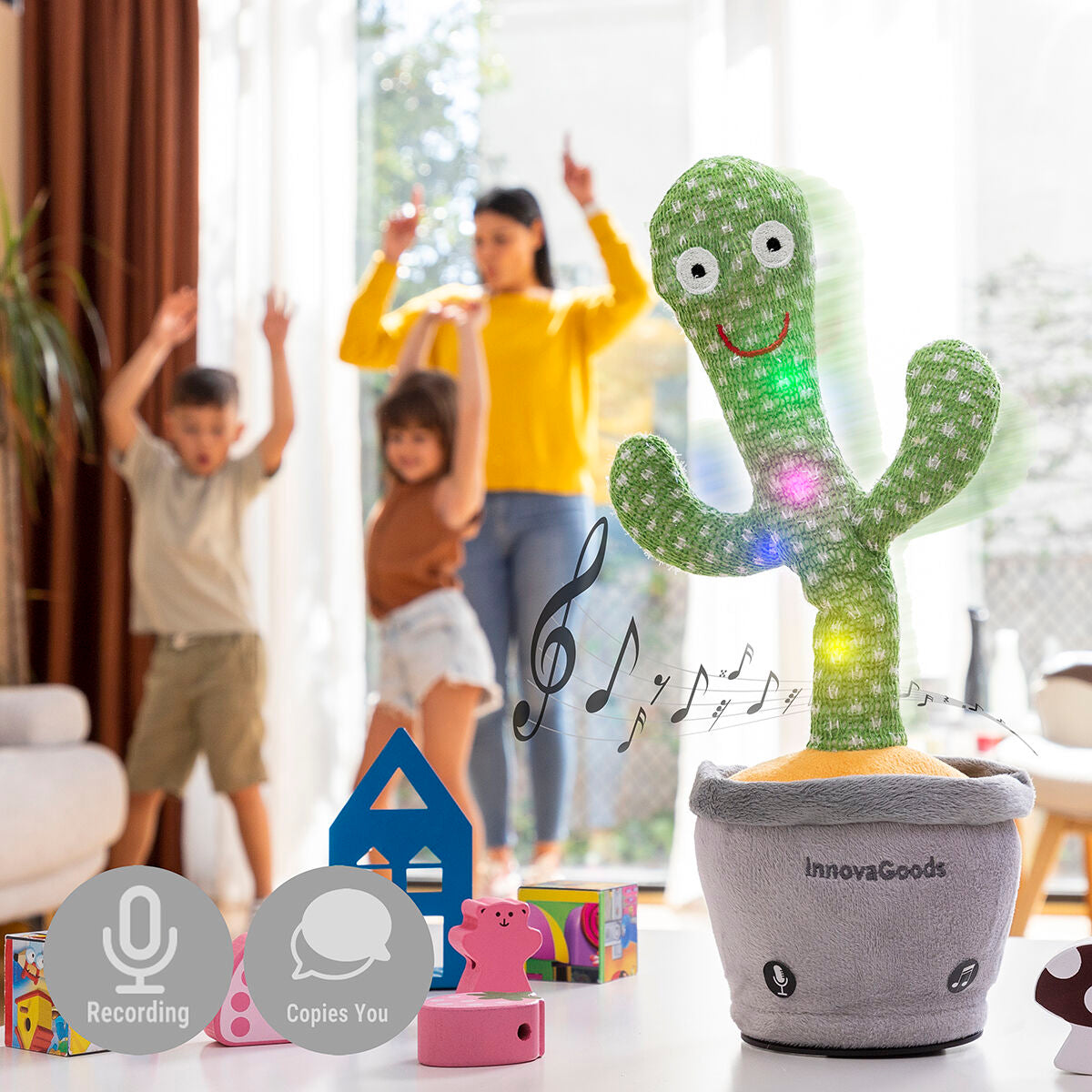 Cactus Bailarín y Parlanchín Recargable - Juguete Musical LED con Grabación de Voz InnovaGoods