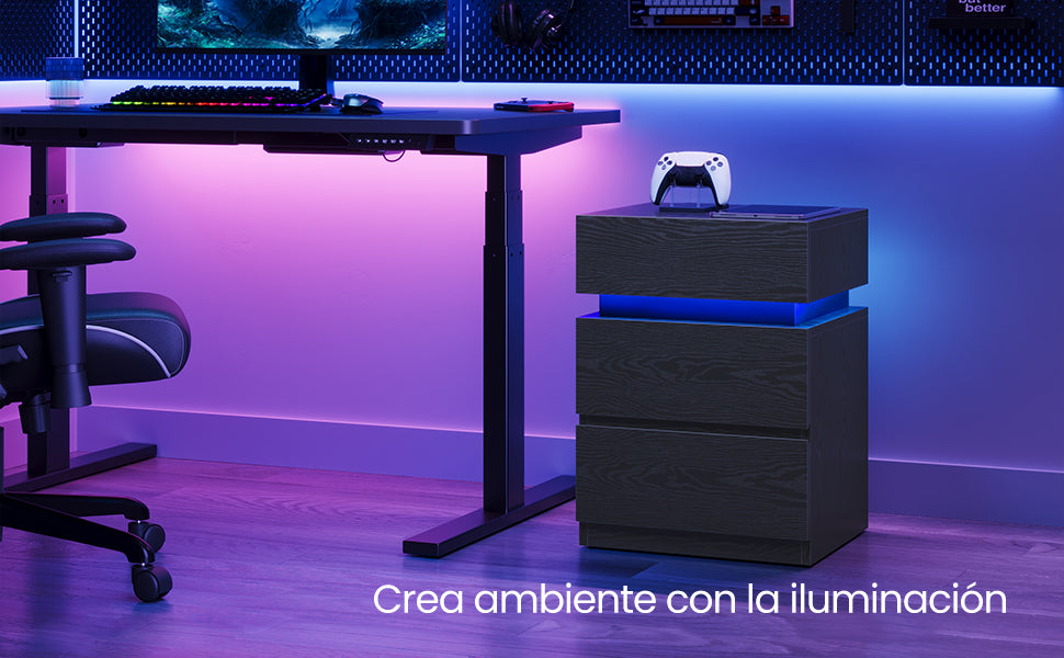 VASAGLE Mesita de Noche LED  3 Cajones Modernos con Luz Multicolor